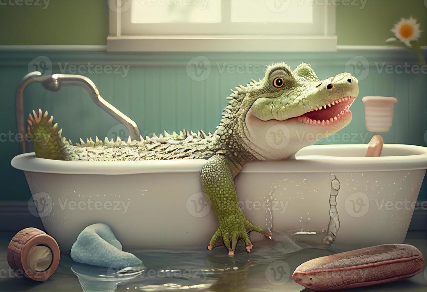 Cute crocodile in bathtub , pets cleaning. Generate Ai. photo