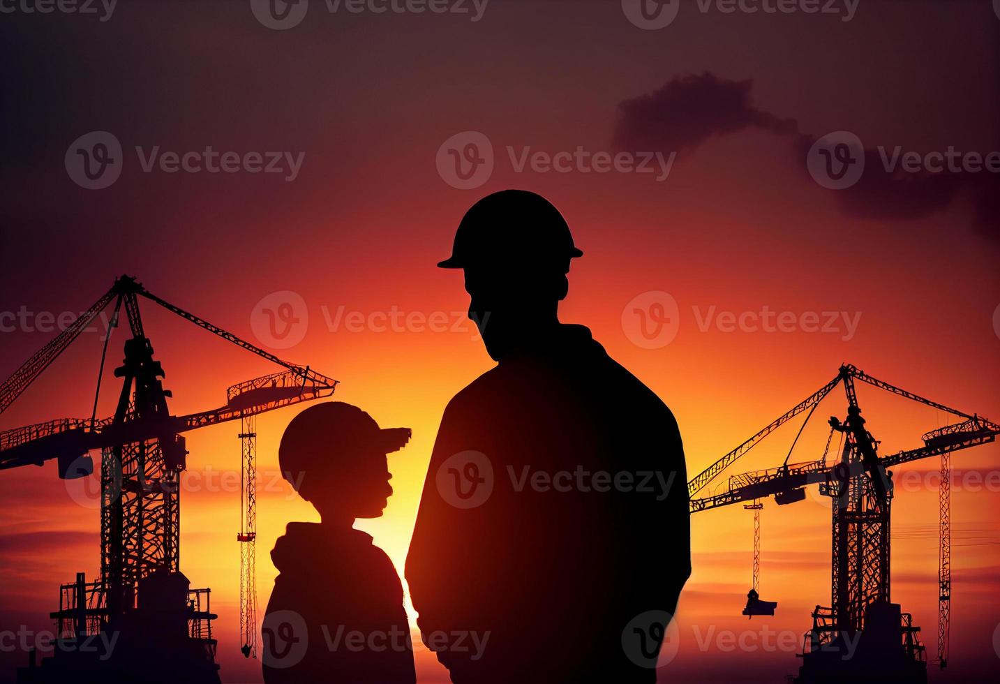 Boy and father against the background of construction cranes on the evening sunset. Generate Ai. photo