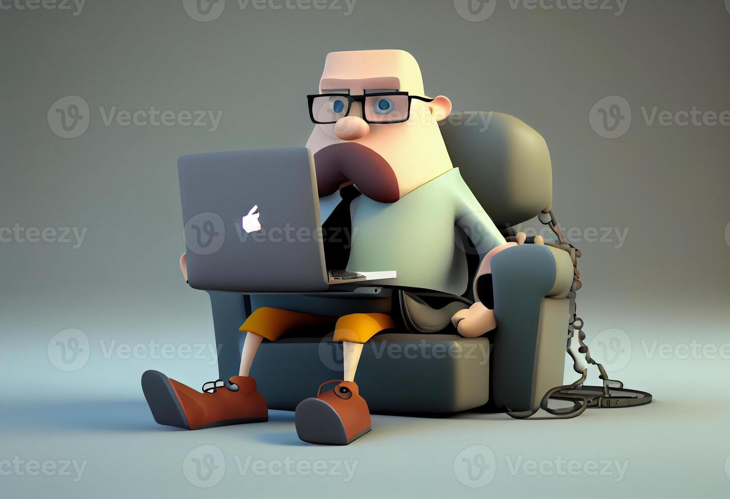 Cartoon character businessman sitting in a chair with laptop. 3d illustration. Generate Ai. photo