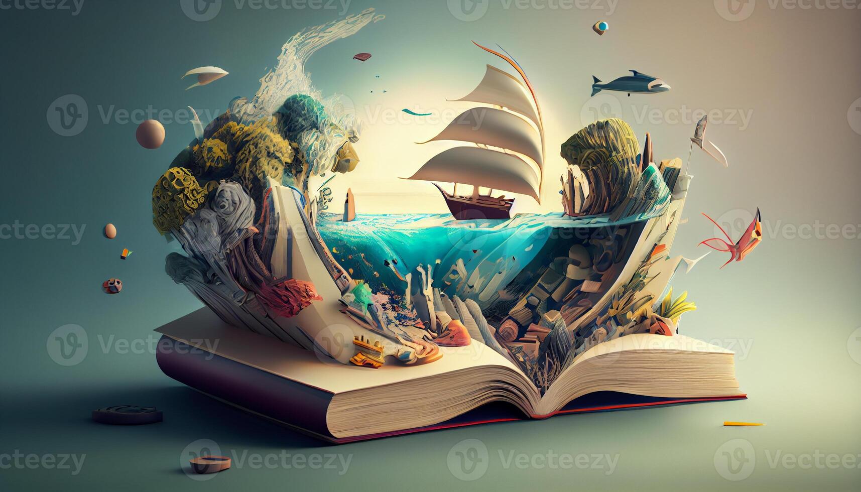 Books imagination, 3d illustration. Generate Ai. photo