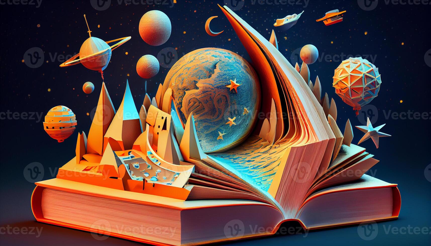 Books imagination, 3d illustration. Generate Ai. photo