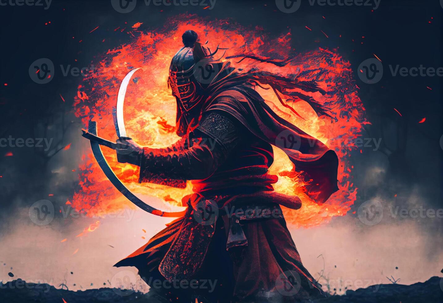 A samurai in a demonic red mask on the battlefield. Generate Ai. photo