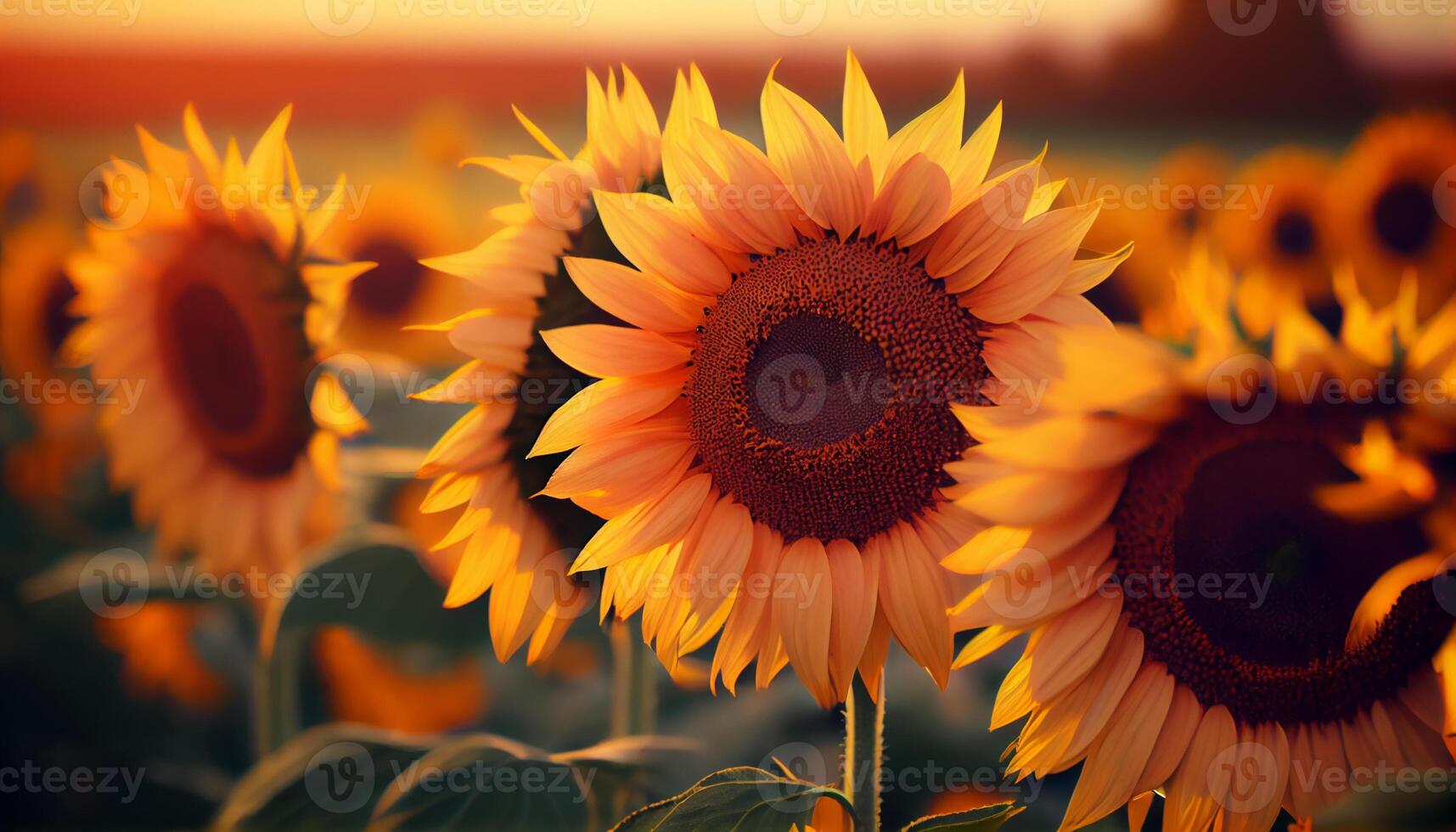 Beautiful sunflowers close-up in the field. Generate Ai. photo