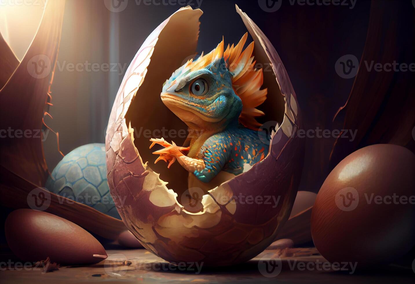 Baby dragon in the egg in a morning. Generate Ai. photo