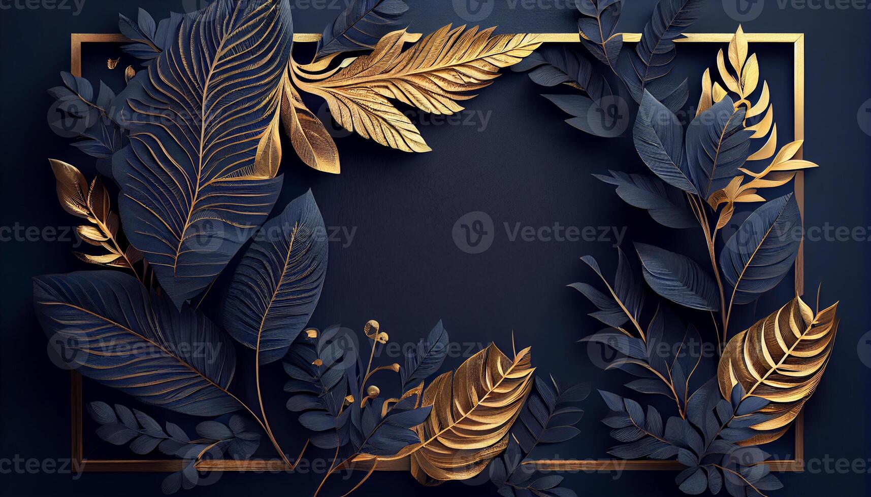 Background frame with golden and blue tropical leaves. Generate Ai. photo