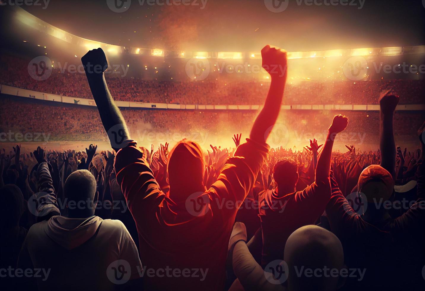 Back view of football, soccer fans cheering their team stadium at evening time.. Generate Ai. photo