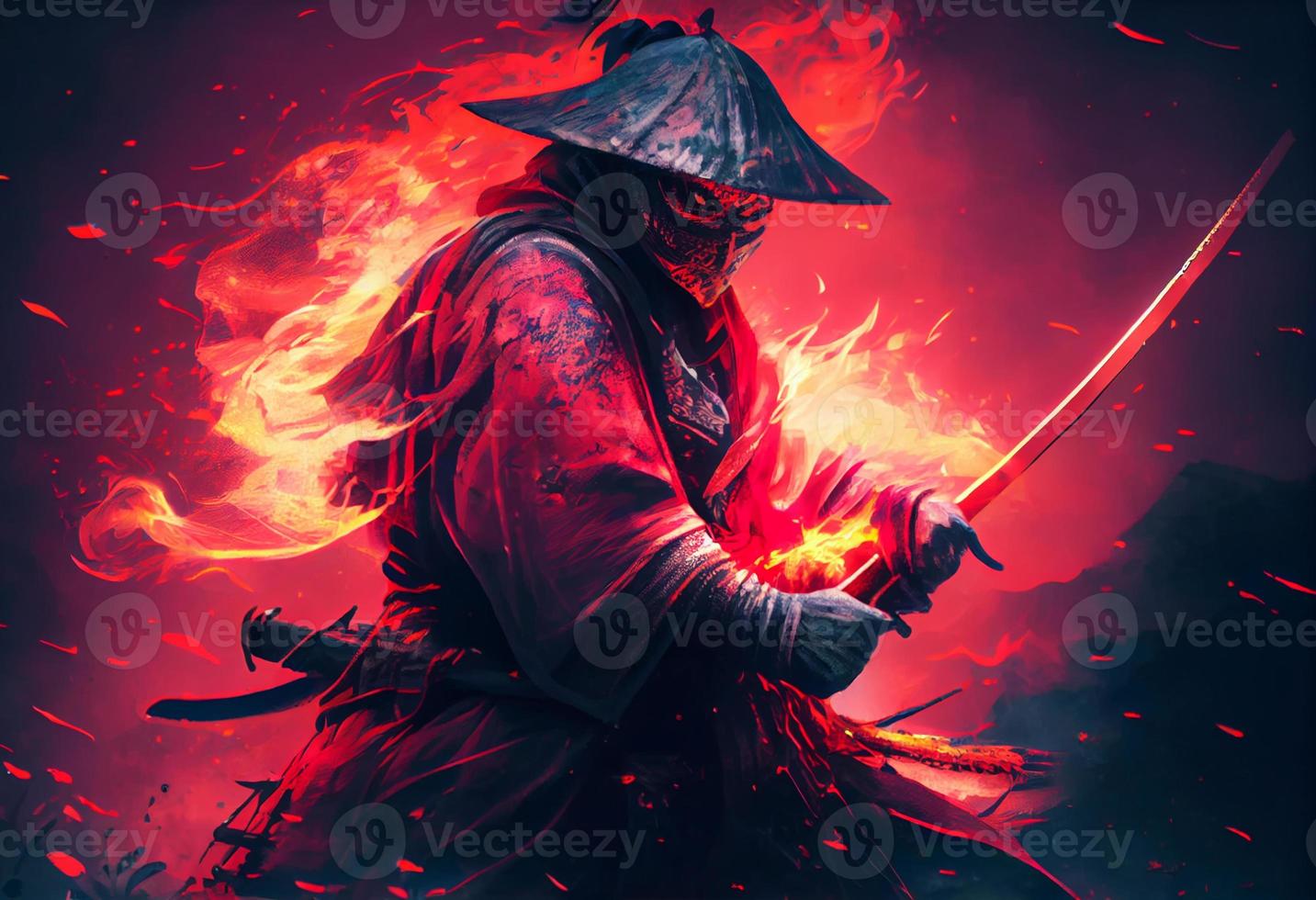 A samurai in a demonic red mask on the battlefield. Generate Ai. photo