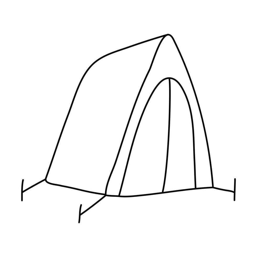 Hand drawn vector illustration of a tent in doodle style on white background. Isolated black outline. Camping equipment.