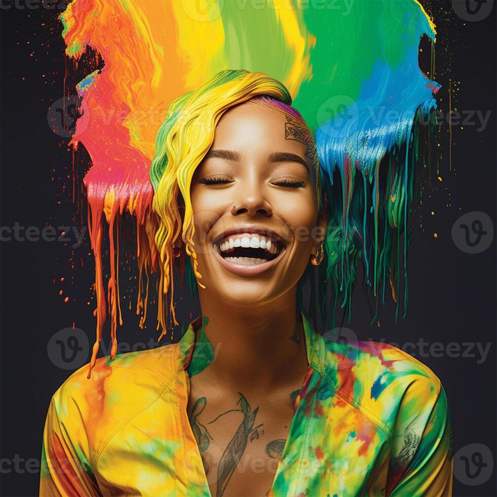 Black smiling girl, modern rainbow art style - image photo