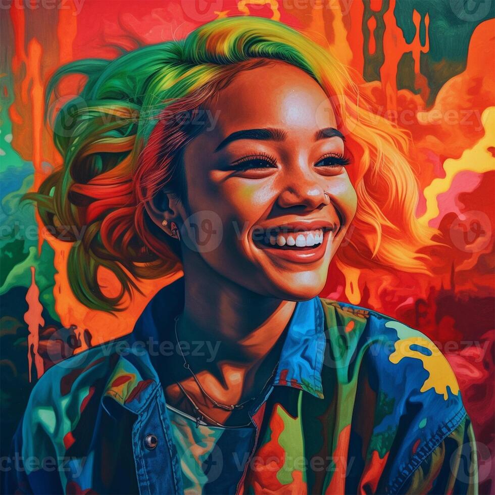 Black smiling girl, modern rainbow art style - image photo
