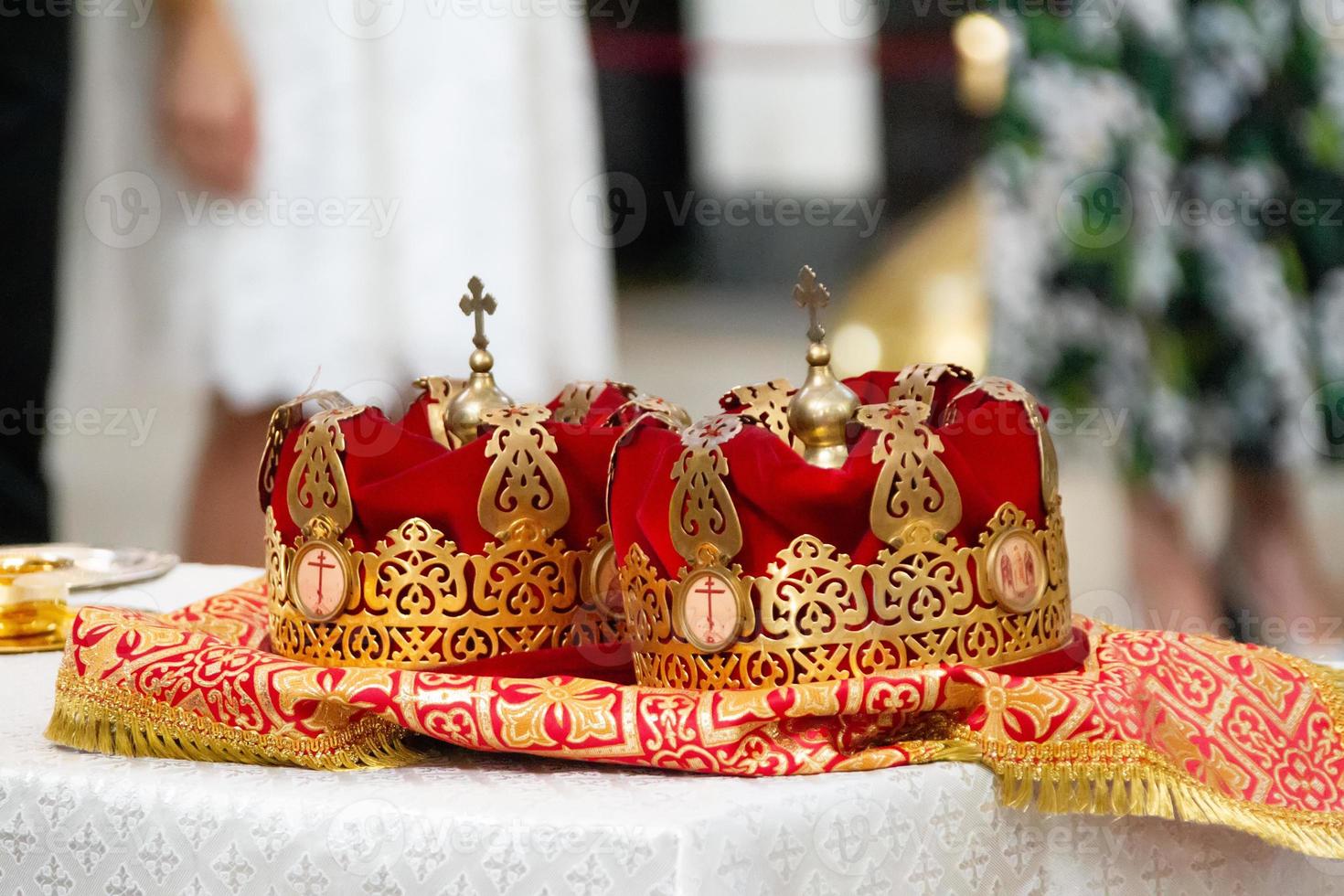 Church headdress for orthodox wedding.Church rite of baptism photo