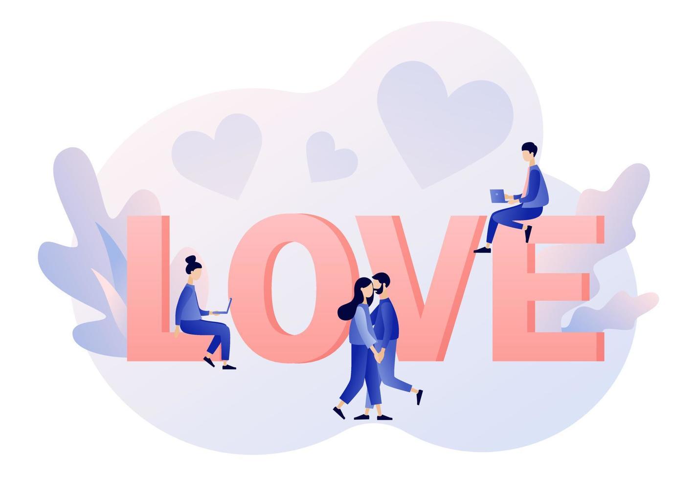 In love. Tiny people with big LOVE inscription. Loving couple hugging. Love relationships at a distance. Valentine day consept. Modern flat cartoon style. Vector illustration on white background