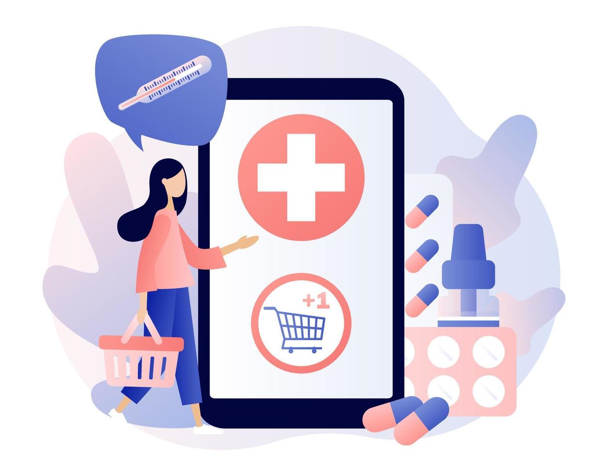 Online pharmacy store concept. Buy medicaments and drugs online. Tiny people Pharmacists in Drugstore near Medicine Pills and Bottles. Modern flat cartoon style.Vector illustration on white background vector