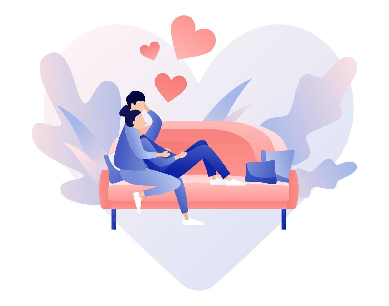 Loving couple spending time or relaxing together. Man and woman sit on the sofa in the home atmosphere. Romantic date concept. Characters Valentine day. Modern flat cartoon style. Vector illustration