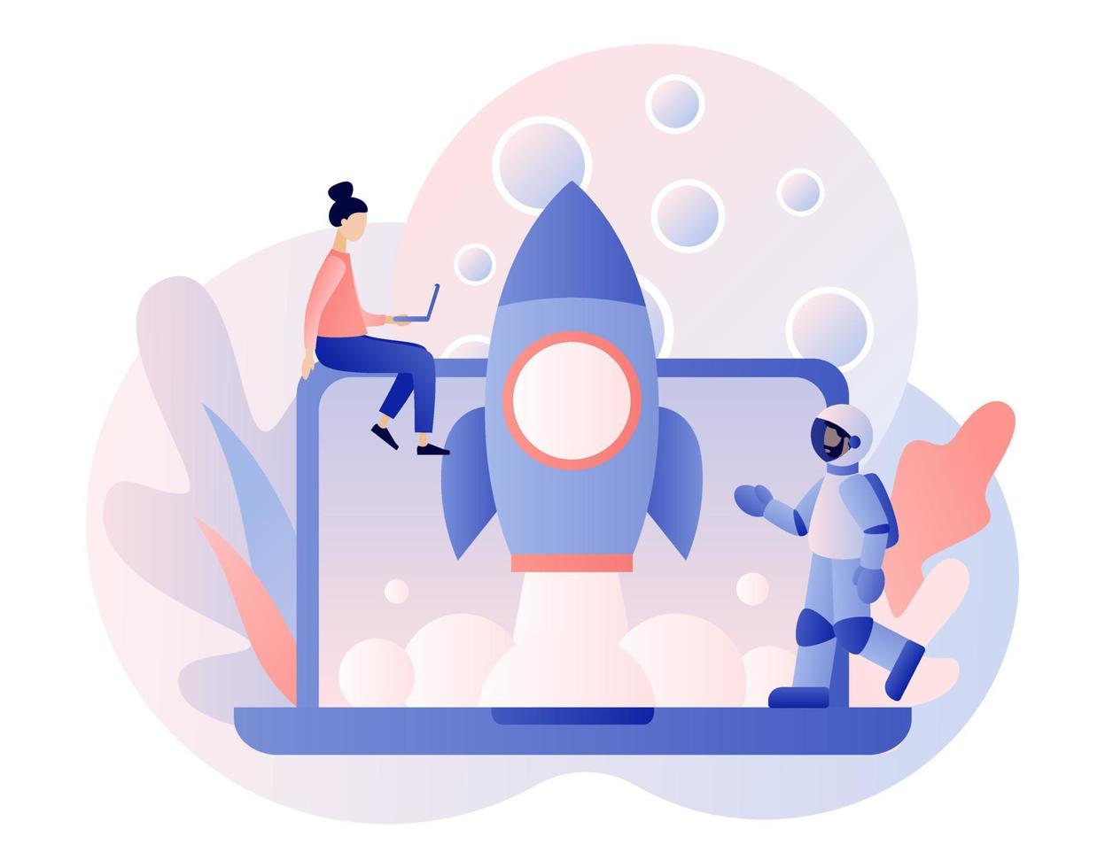 Lunar mission space exploration. Tiny people launches a rocket in space. Spaceship travel to moon. Rocket flying around Moon orbit. Astronauts in space. Modern flat cartoon style. Vector illustration