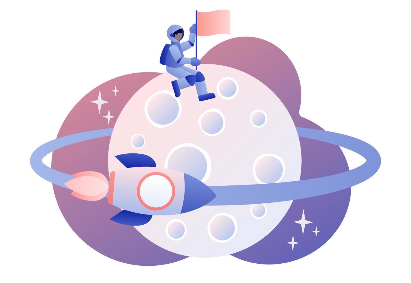 Lunar mission space exploration. Tiny astronauts in space. Spaceship travel to moon. Rocket flying around Moon orbit. Modern flat cartoon style. Vector illustration