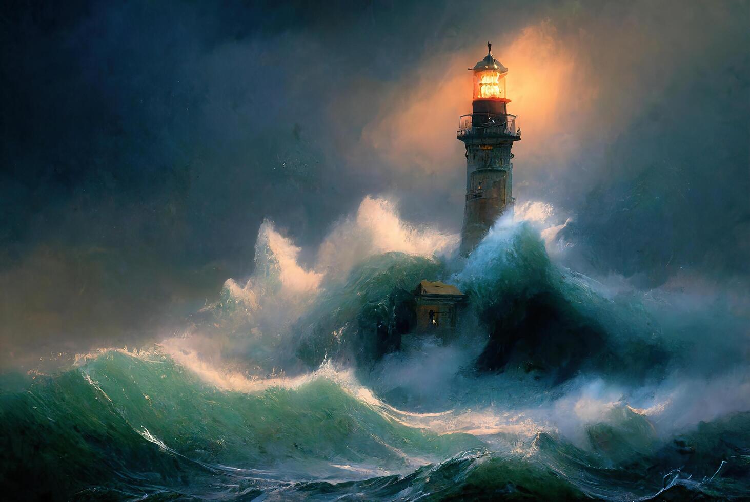 Lighthouse during storm at sea, oil or watercolor painting. photo
