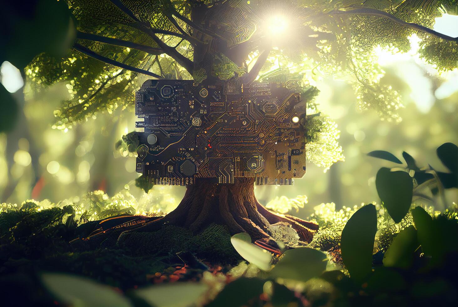 Electronic circuit board grows in tree, futuristic forest. photo