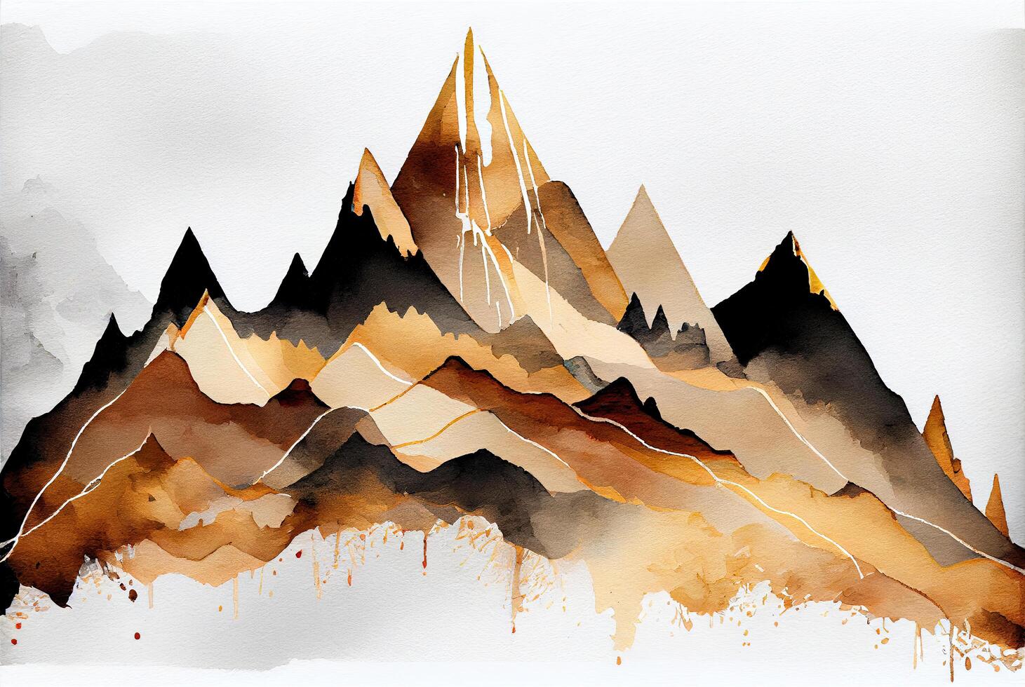 Grunge watercolor mountains landscape with golden color. photo
