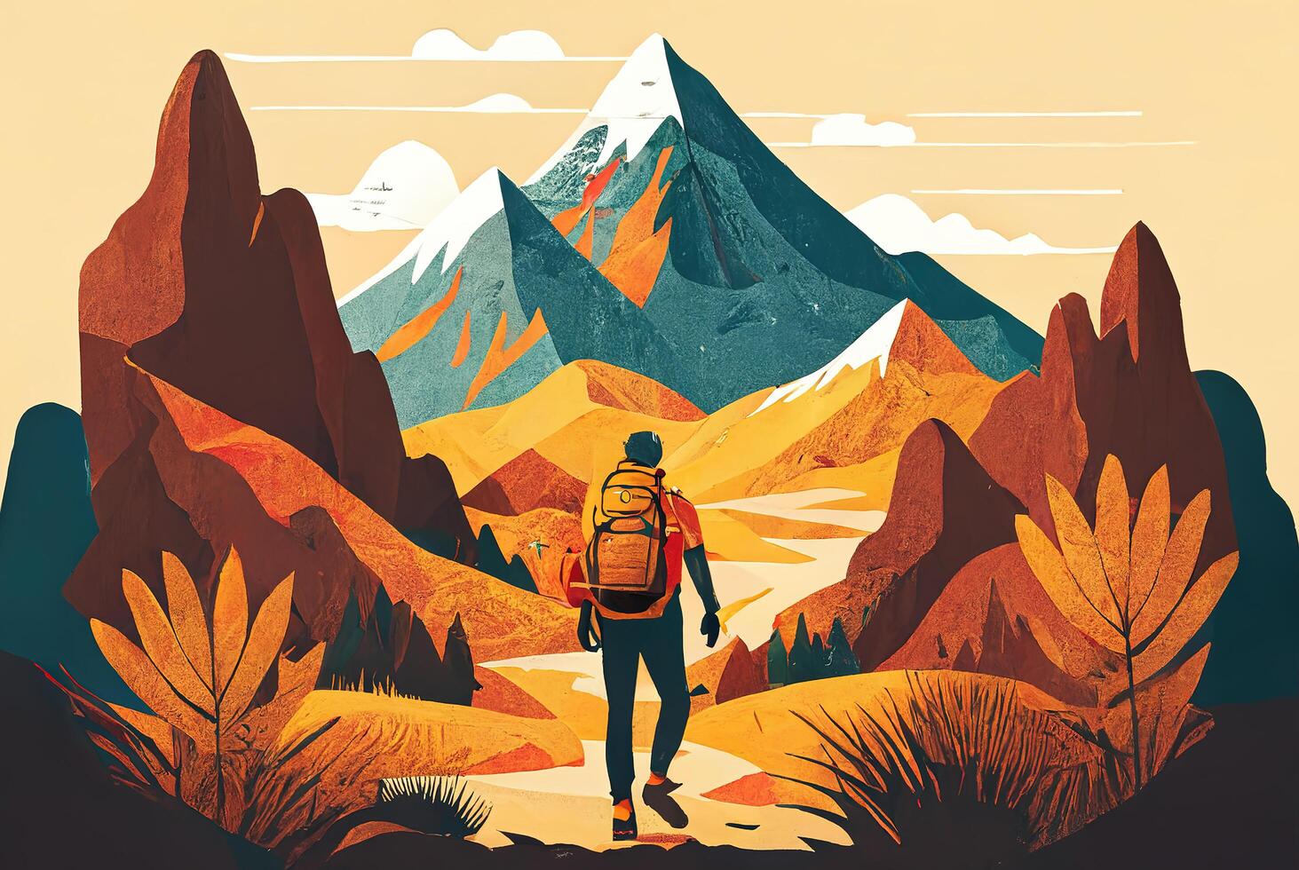 Man with tourist backpack and mountains abstract flat background. photo