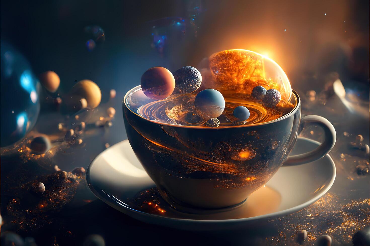 Space, sun and planets in cup, abstract creative background. photo