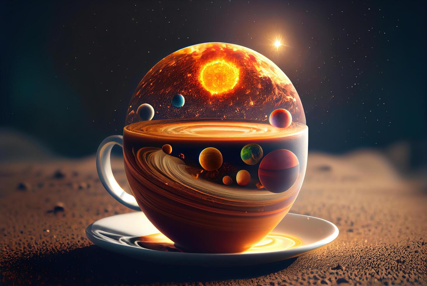 Space, sun and planets in cup, abstract creative background. photo