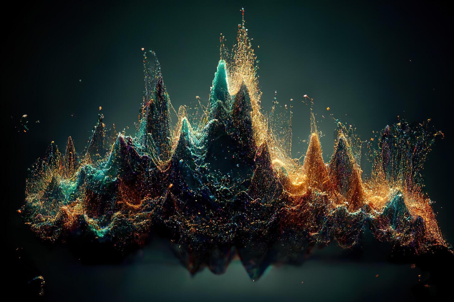 Multicolored sound wave with small particles on dark background. photo