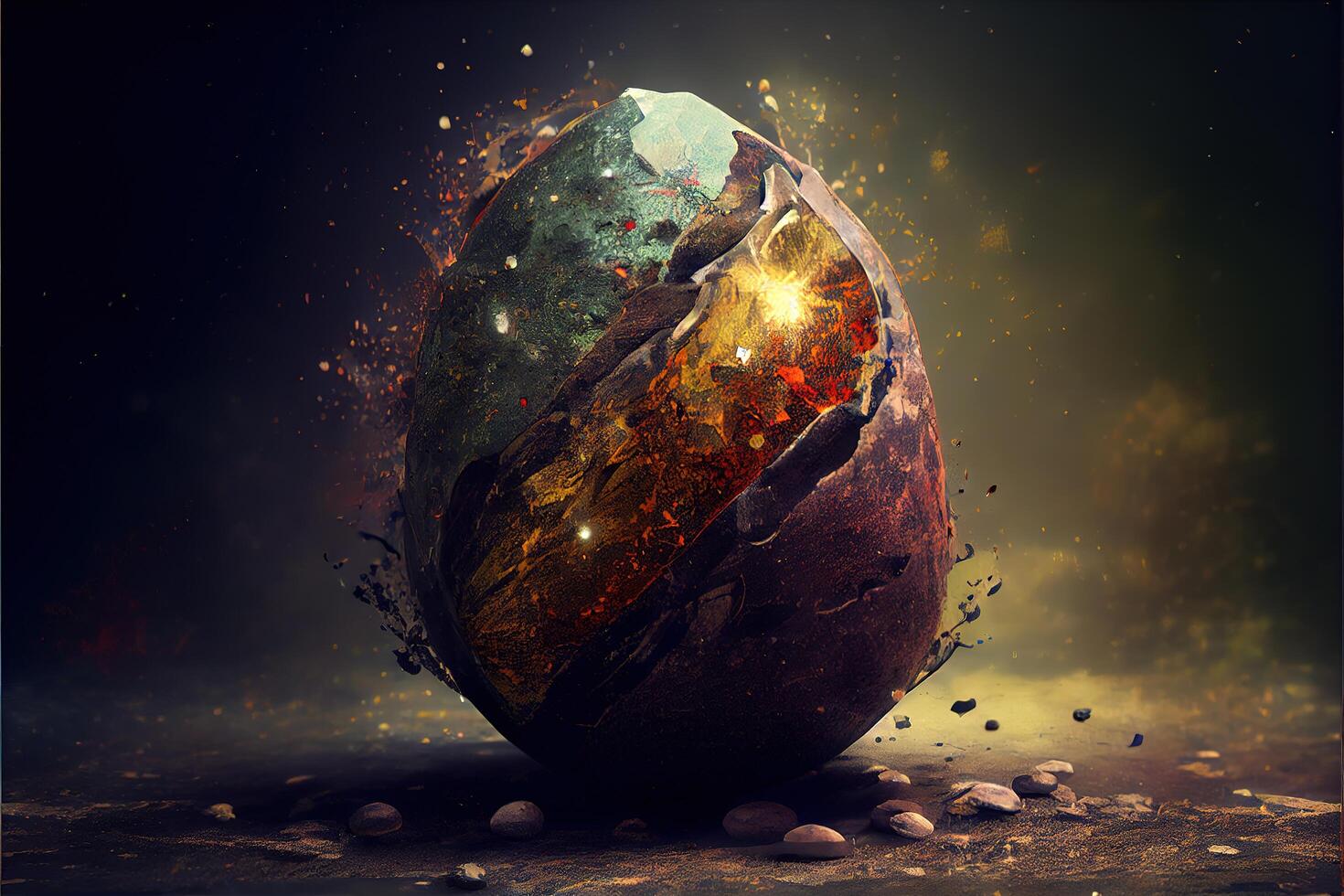 Egg-shaped magical stone and glowing particles. Fantasy art. photo