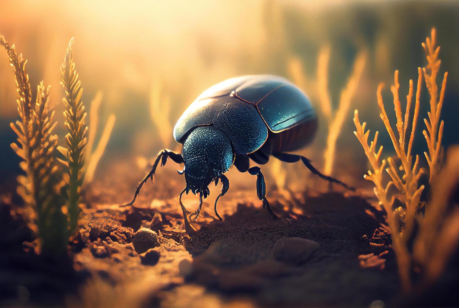 Shiny beetle on ground in grass in sunset rays of sun close-up. photo