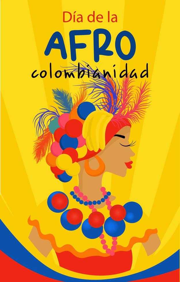 Afro-Colombian Day in Colombia in Spanish. Vertical banner in bright colors. Beautiful woman in national carnival costume. vector