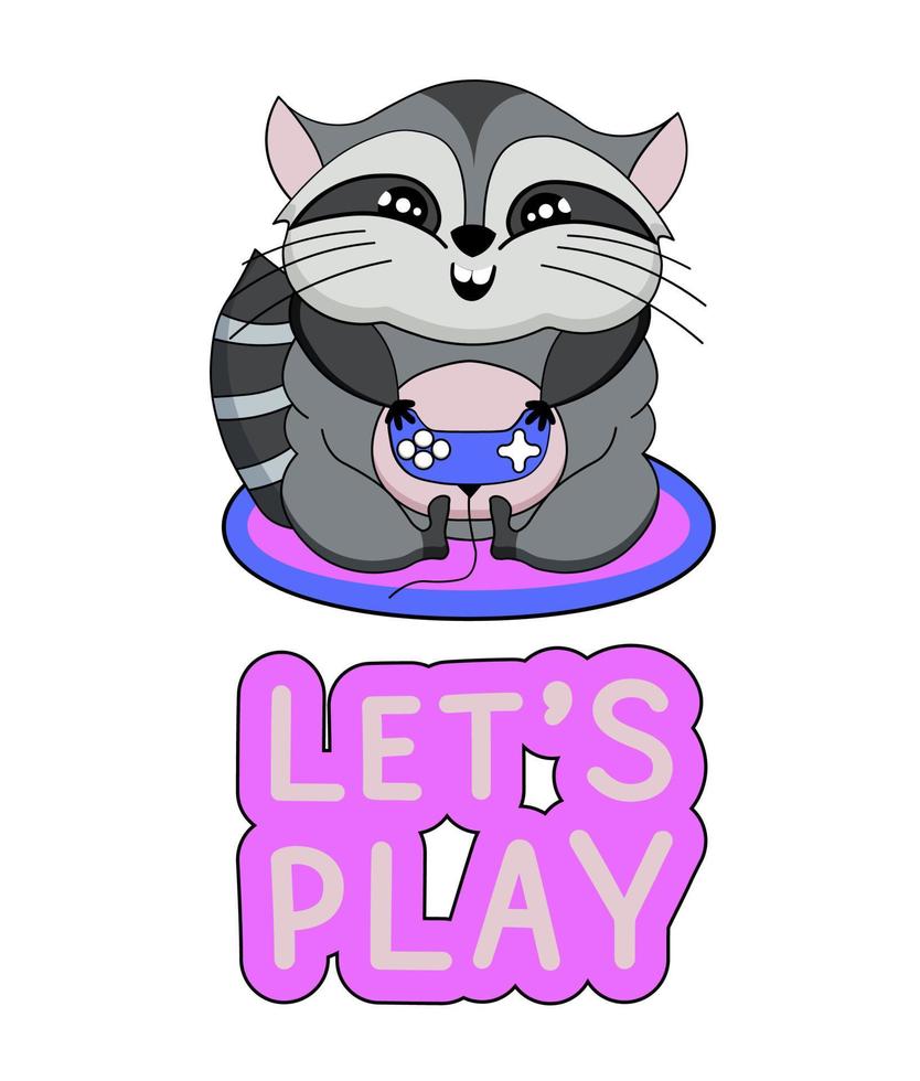 Let s play. T-shirt printing for gamers. Fat cute raccoon gamer vector