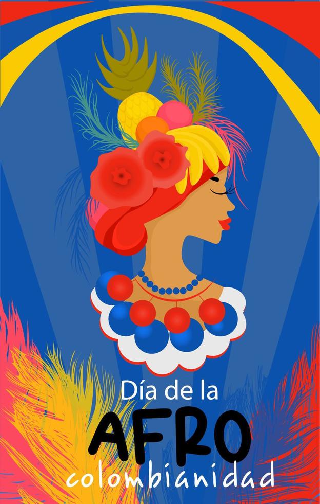 afrocolombiano día en Colombia en español. vertical bandera en brillante colores. hermosa mujer en nacional carnaval traje. vector