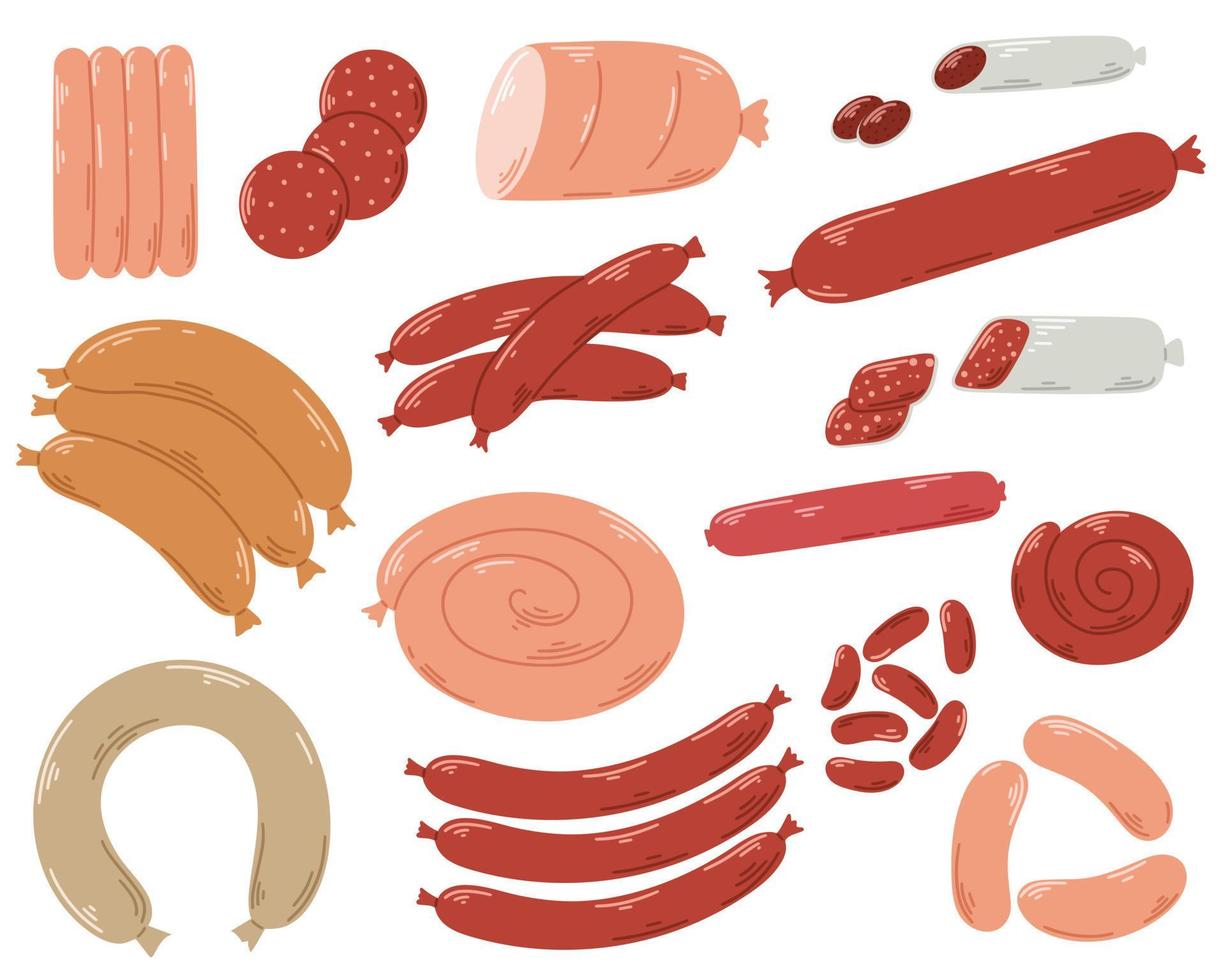 Assortment of beef, pork and chicken sausages  set vector