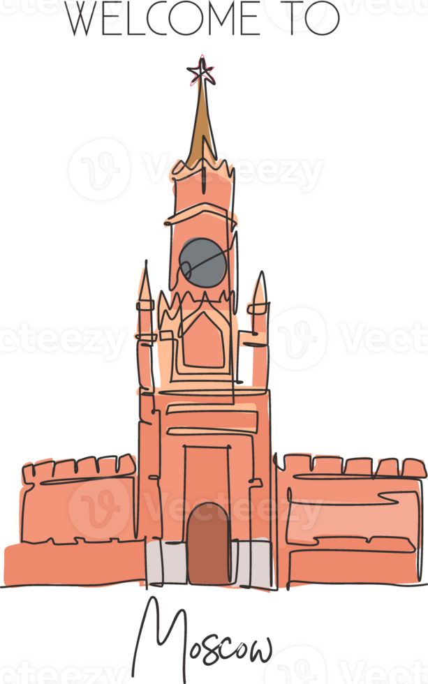 um único marco de torre spasskaya de desenho de linha. lugar mundialmente famoso em moscou, rússia. conceito de impressão de cartaz de decoração de parede de cartão postal de viagens de turismo. ilustração em vetor design de desenho de linha contínua moderna png