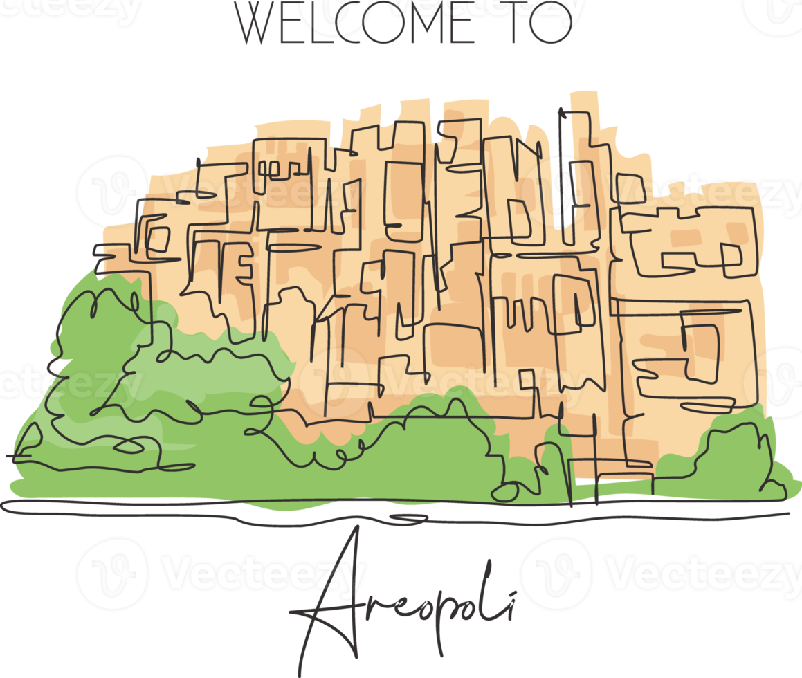 una sola línea dibujando el antiguo hito del pueblo griego areopoli. lugar mundialmente famoso en grecia. concepto de arte del cartel de la decoración de la pared de la postal del viaje del turismo. ilustración de vector de diseño de dibujo de línea continua moderna png