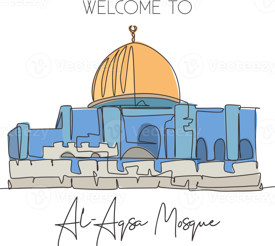 enda kontinuerlig linjeritning al aqsa moskén landmärke. helig moské plats i jerusalem. världsresor kampanj hem konst vägg dekor affisch print koncept. dynamisk en rad rita design vektorillustration png