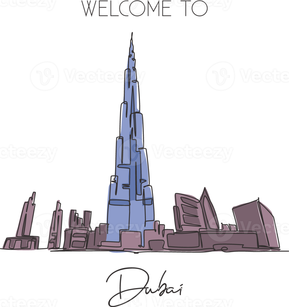 un punto di riferimento della torre di burj khalifa di disegno a linea continua. luogo iconico del mondo a dubai, emirati arabi uniti. concetto di stampa di poster di arte della decorazione della parete della casa delle vacanze di vacanza. illustrazione vettoriale moderna con disegno a linea singola png