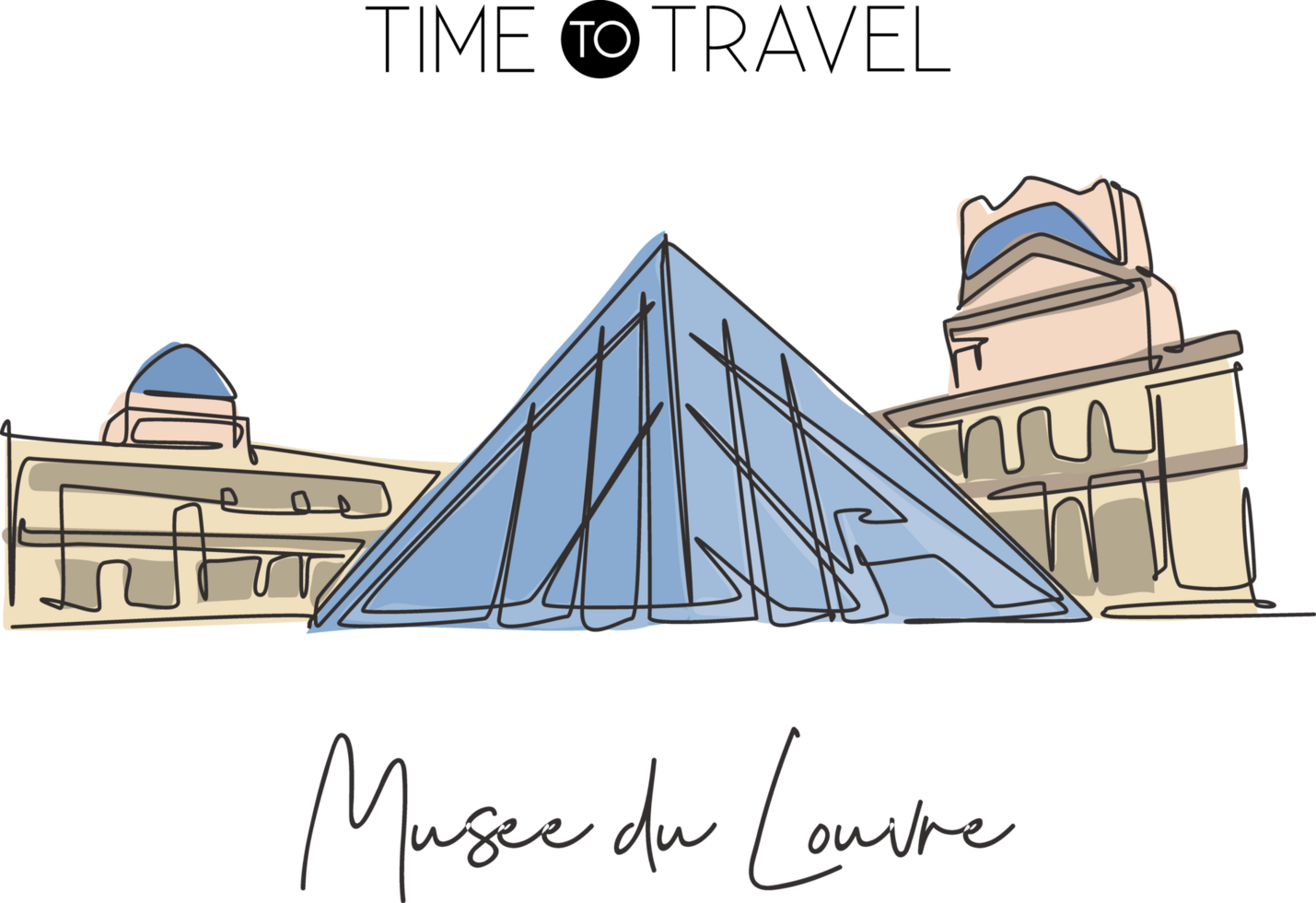 One continuous line drawing of welcome to Musee du Louvre or Louvre Museum. World iconic place in Paris, France. Wall decor poster print concept. Vector illustration png