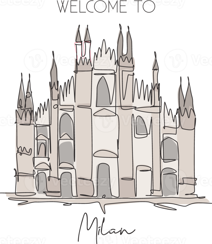 un unico punto di riferimento del duomo di milano. luogo di fama mondiale a milano, italia. concetto del manifesto della decorazione della parete della casa della cartolina di viaggio di turismo. illustrazione vettoriale di disegno a linea continua moderna png