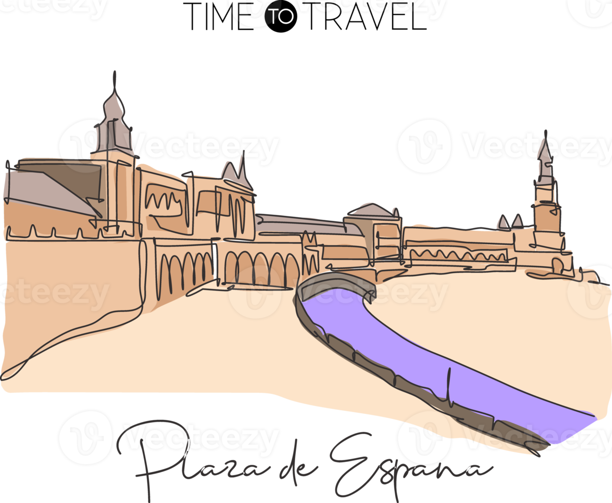 Single continuous line drawing Plaza de Espana landmark. Beautiful famous place in Sevilla, Spain. World travel tour home wall decor poster art concept. Modern one line draw design vector illustration png