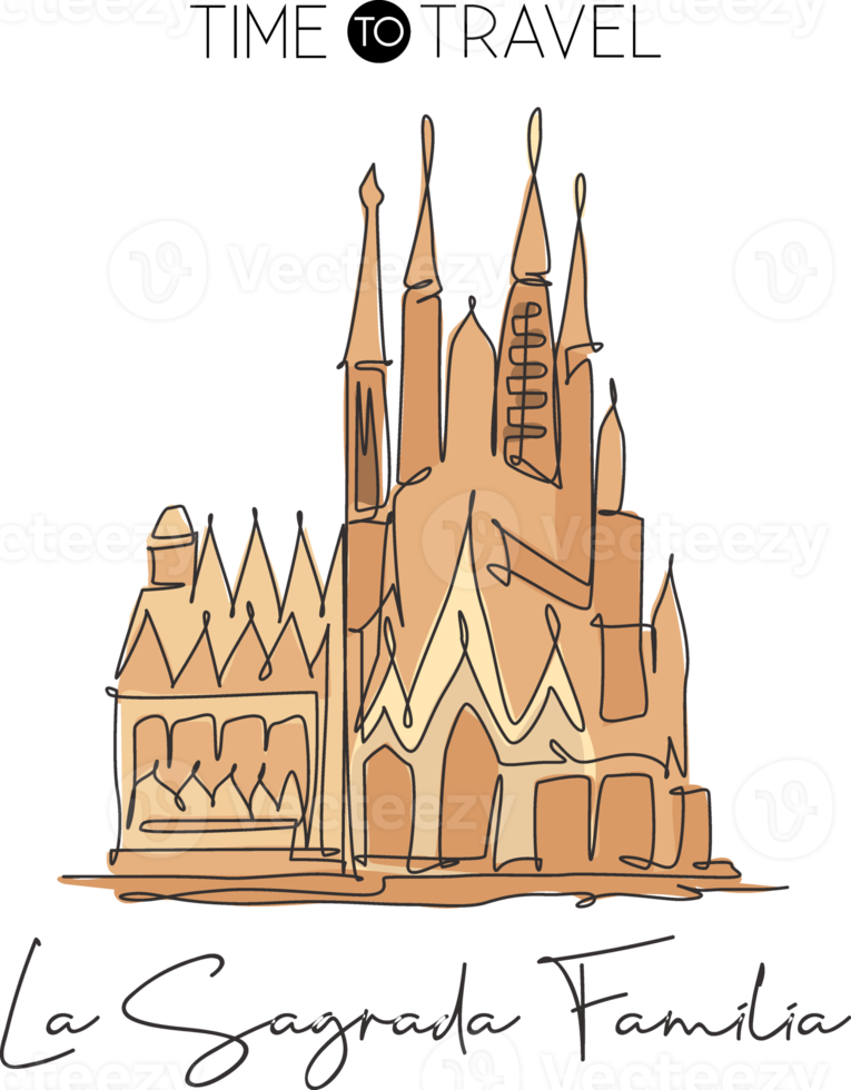 Single continuous line drawing of Basilica de la Sagrada Familia landmark. Beautiful famous place in Barcelona, Spain. World travel tour. Vector graphic illustration png