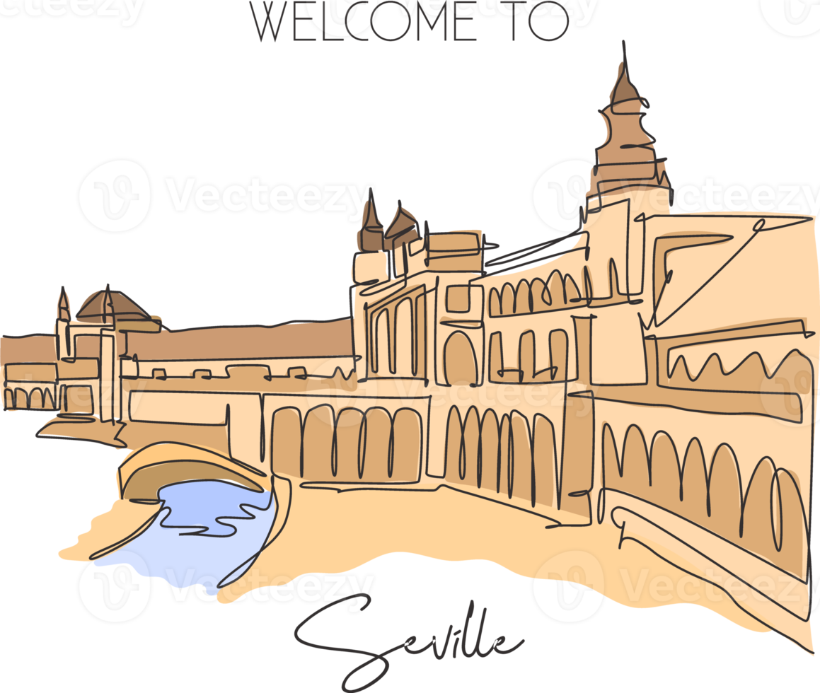 eine durchgehende strichzeichnung plaza de espana wahrzeichen. weltberühmter ort in sevilla spanien. urlaub ferienhaus wanddekor kunstplakat druckkonzept. moderne einzeilige zeichnen-design-vektorillustration png