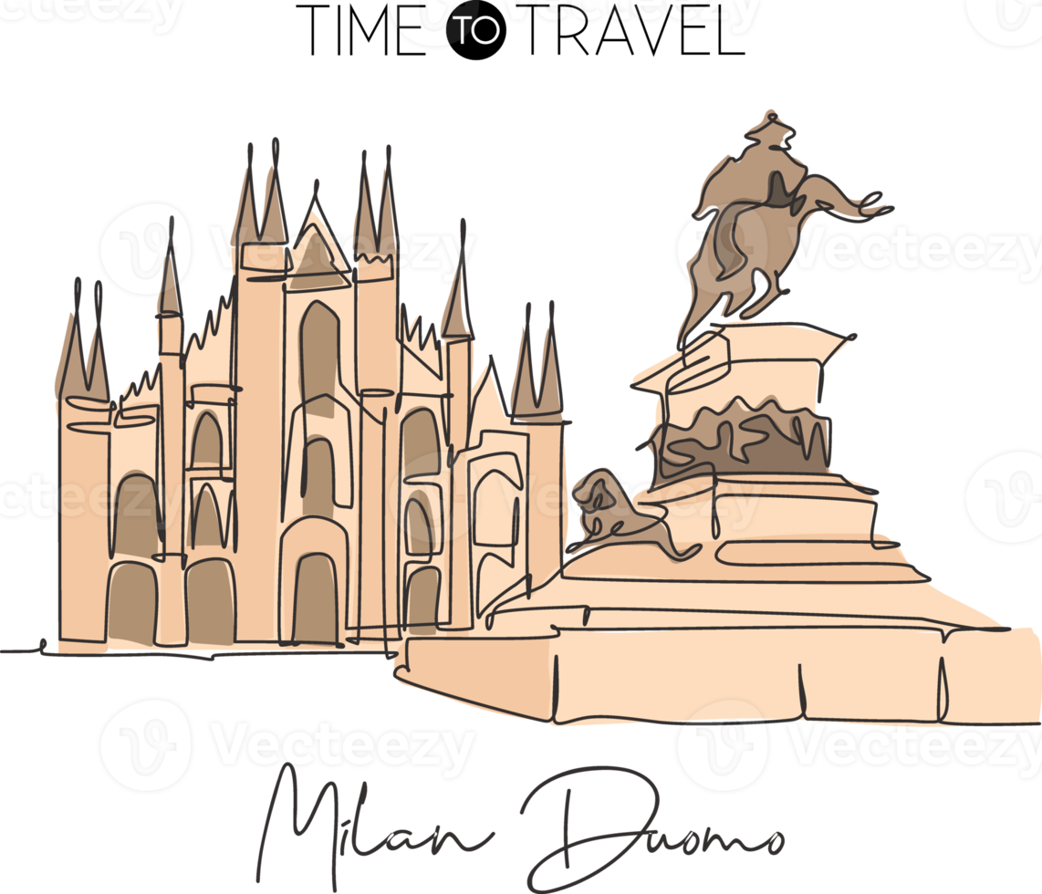 dessin en ligne continue unique monument duomo di milano. belle place célèbre à milan, italie. concept d'affiche d'art de décor de mur de maison de tour de voyage du monde. illustration vectorielle de dessin à une ligne moderne png