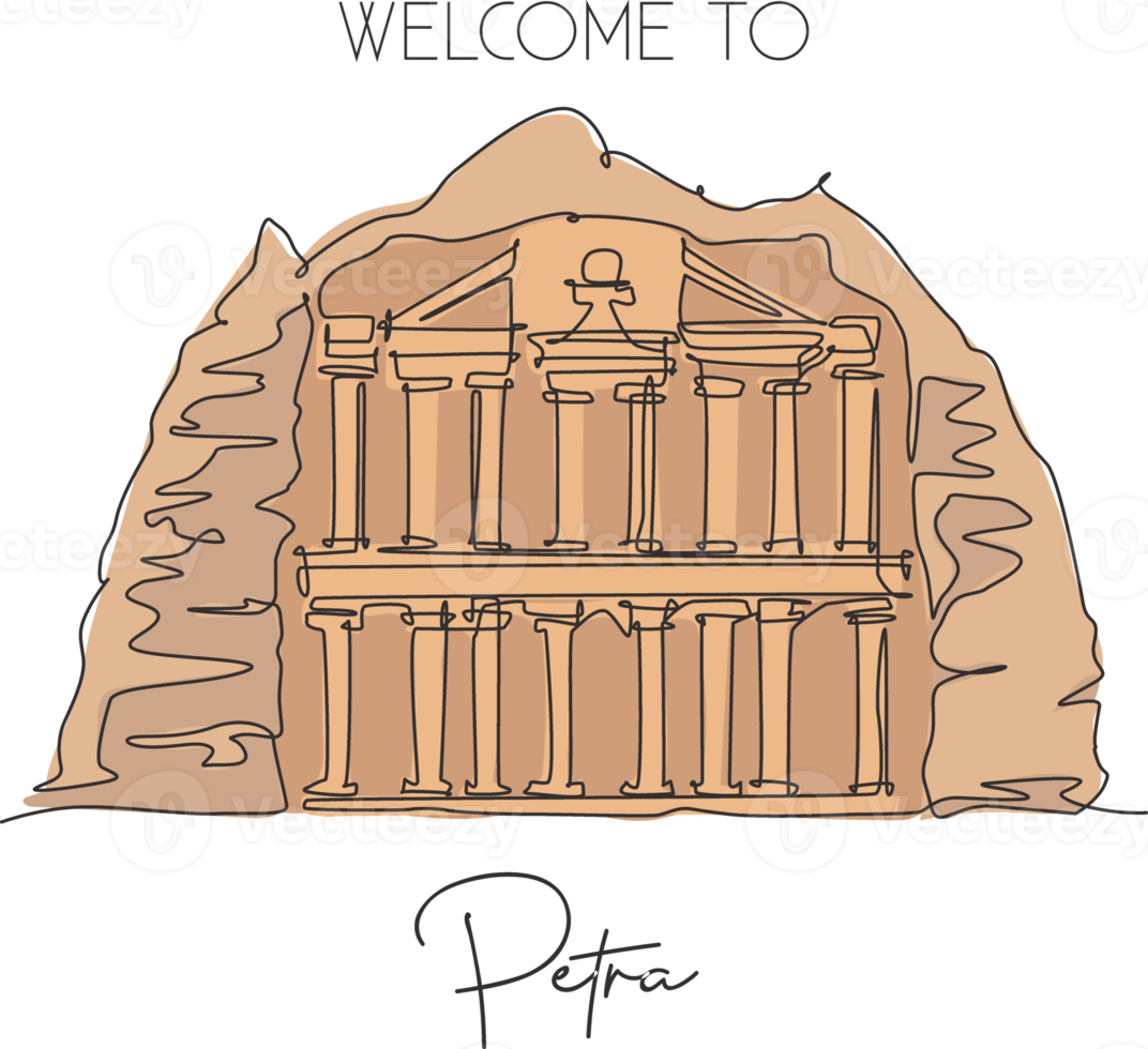 een enkele lijntekening al khazneh petra oude tempel landmark. beroemde plaats in Jordanië. toerisme reizen briefkaart huis muur decor poster kunst concept. moderne doorlopende lijn tekenen ontwerp vectorillustratie png