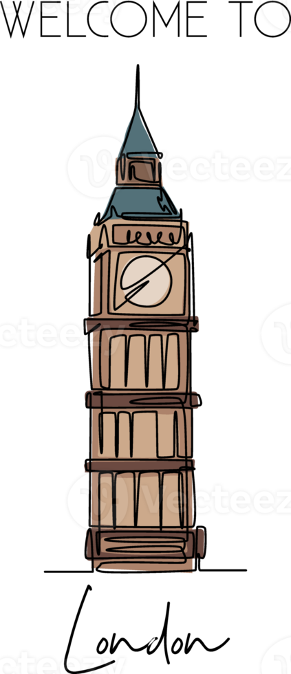 een doorlopende lijntekening van welkom bij de klokkentoren van de Big Ben. prachtige iconische plek in Londen. home decor kunst aan de muur poster print concept. moderne enkele lijn tekenen ontwerp vectorillustratie png