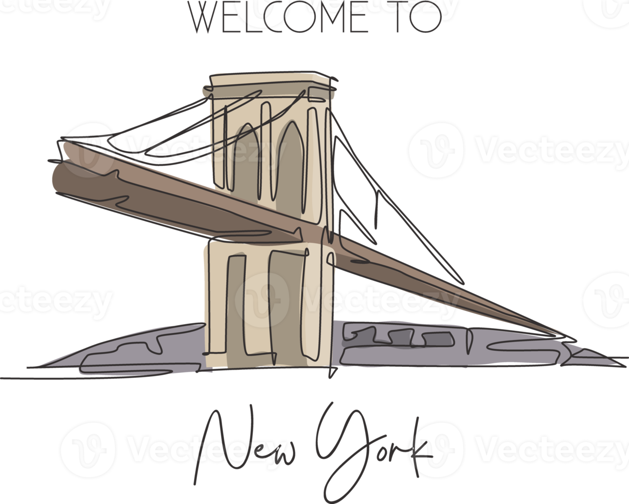 un punto di riferimento del ponte di brooklyn di disegno a linea continua. luogo iconico della bellezza mondiale a New York, Stati Uniti. concetto di stampa di poster di arte della decorazione della parete di casa. illustrazione grafica vettoriale moderna con disegno a linea singola png
