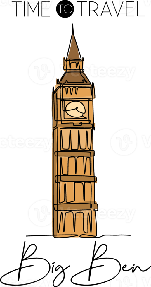 uma única linha desenhando a torre do relógio do big ben. impressão de pôster de arte para casa de decoração de parede de lugar icônico em londres. conceito de cartão postal de turismo e viagens. ilustração em vetor design de desenho de linha contínua moderna png