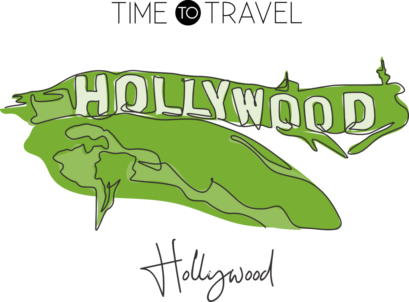 One continuous line drawing of Hollywood sign landmark. World iconic place in California, USA. Holiday vacation wall decor poster print concept. Vector illustration png