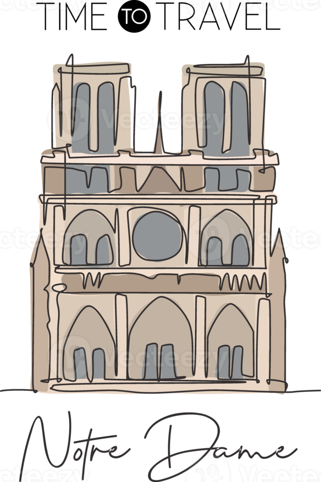 una línea continua dibujando el punto de referencia de notre dame. lugar icónico mundial en parís, francia. concepto de impresión de póster de arte de decoración de pared de casa de vacaciones de vacaciones. ilustración de vector de diseño de dibujo de línea única moderna png