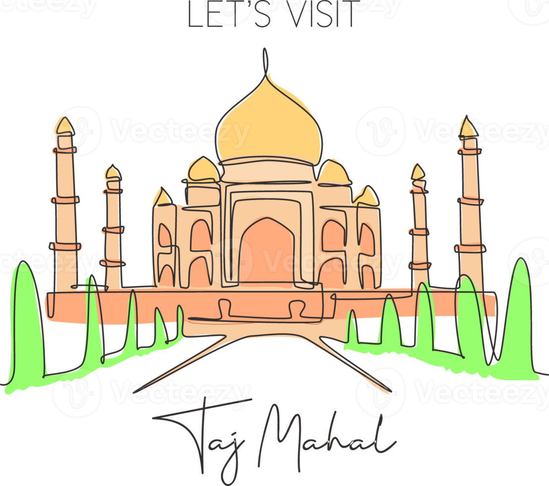 een enkele lijntekening Taj Mahal moskee landmark. wereld iconische plek in agra, india. toerisme reizen briefkaart wand decor home art poster concept. moderne doorlopende lijn tekenen ontwerp vectorillustratie png